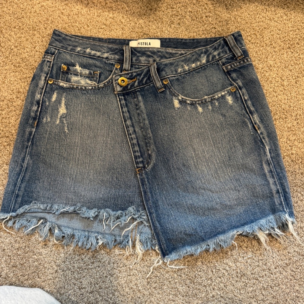 Pistola Asymmetrical Crossover Denim Mini Skirt Distressed Frayed Hem Blue 27